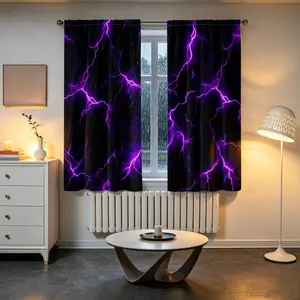 2-piece set of black purple lightning pattern curtains - machine washable semi transparent polyester fiber material, modern design, home decorator, 2D flat, bedroom and living room curtains, kitchen curtains, Window Curtain