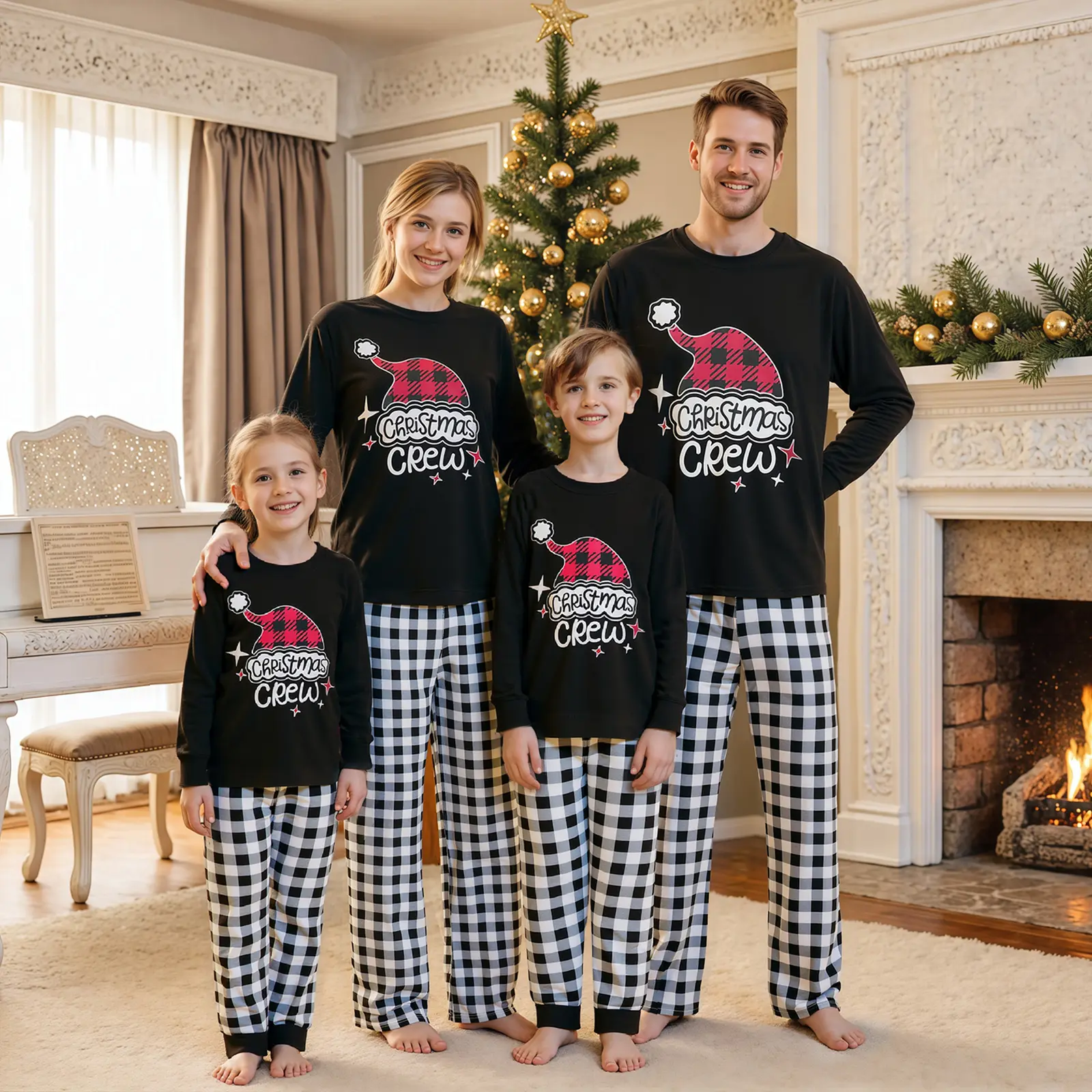 FOCUSNORM Christmas Crew Santa Hat Print Family Matching Christmas Pajamas Set 2Piece Outfits Loungewear Sleepwear For Adult Kids Baby Xmas Holiday Party Family Gathering