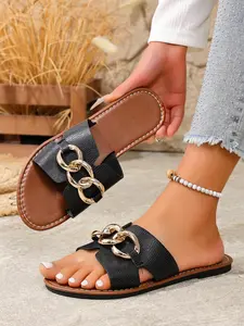 Women's Summer New Large Size Round Toe Flat Sandals, Metal Buckle Decoration Slip-On Comfortable Soft Sole Outdoor Vacation Beach Shoes