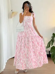 French Elegant Ruched Waist Floral Bell Dress, Sleeveless Flowy Summer Dress, Light Blue Floral Print, Women's Fashion, Womenswear