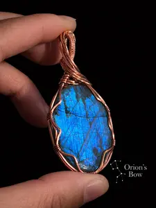 Orion's Bow Wire Wrapped Labradorite Necklace with Blue Flash Pendant Handmade Copper 20in Faux Leather Chain Gift for Intuition & Protection
