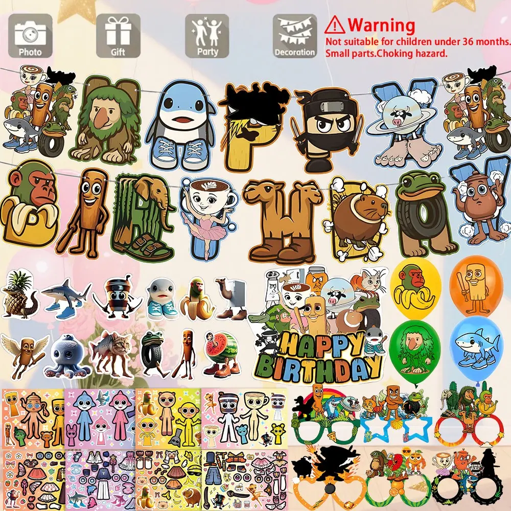 Popular  Italian Brainrot Series Tung Tung Tung Sahur Themed Party Decoration Balloons and Flags,Happy Birthday Banner, Character Balloons, Cake Toppers&Stickers for Gifts, First Birthday