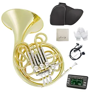 Double French Horn F/Bb 4 Keys Nickel Plated&Gold Lacquer with Case, Mouthpiece & Cleaning Kit - for Beginner & Intermediate Players