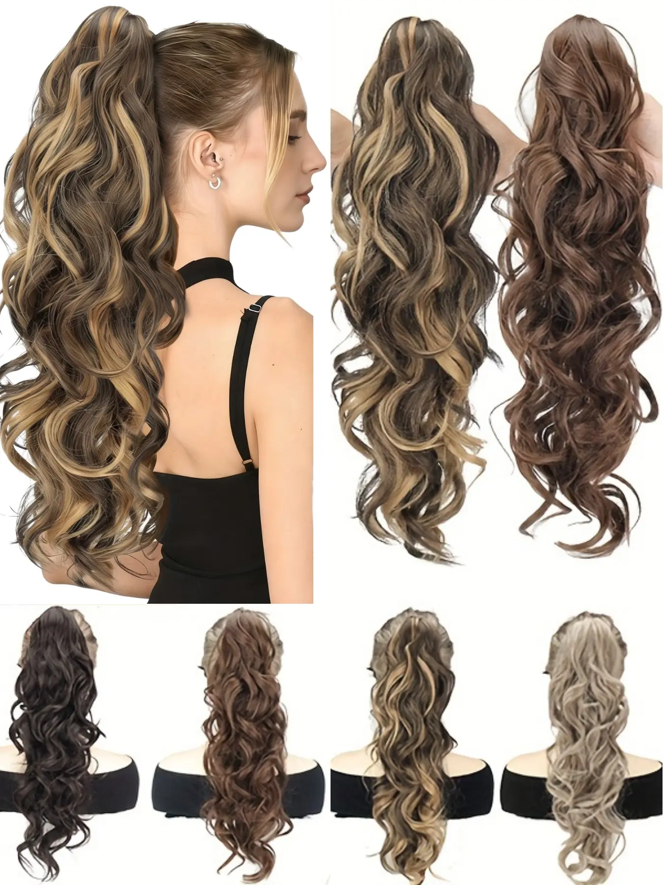 Large Wave Body Wave Clip-In Hair Extensions Synthetic Soft Wavy Curly, Invisible Fashion Big Curl Pear Shape Wavy Ponytail Wig, Puffy Stylish Fake Hairpiece