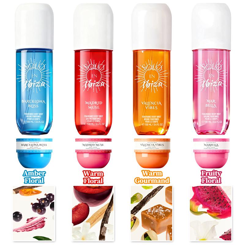 8-Piece Set, SOLO EN IBIZA Body & Hair Fragrance Mist And Body Cream Gift Box, Long Lasting Perfume, 4 Different Scents, Perfect For Holiday Gifts, Dating, Daily Life, Parties, 3.4 fl oz Perfume,1 oz Body Cream