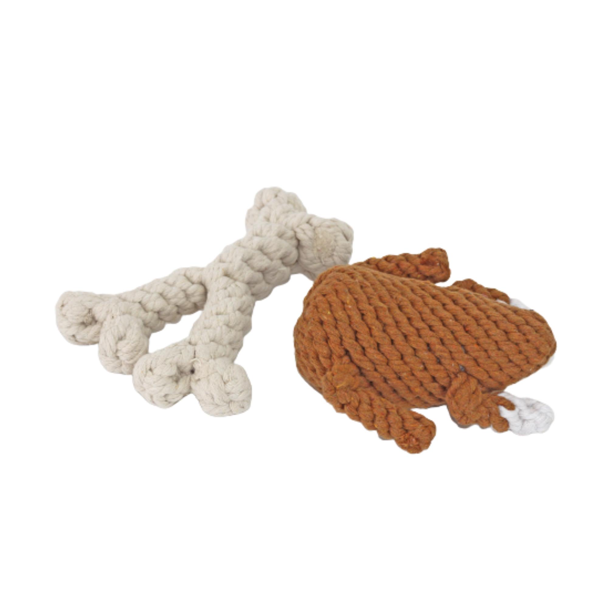 Midlee Thanksgiving Meal Rope Dog Toy Set - Turkey Leg & Wishbone Festive Chew Dental Toys for All Sizes Premium Cotton