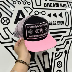 Pink Black Trucker Hat Gothic Embroidered Patch Mesh Snapback Cap Adjustable Y2K Streetwear Baseball Hat