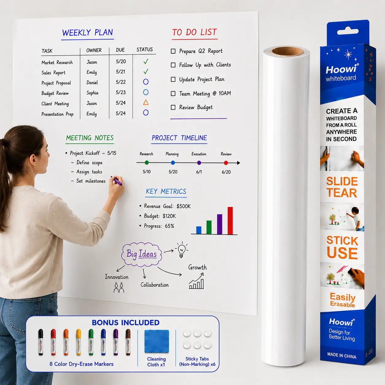 HOOWI 10M Dry Erase Whiteboard Roll | Reusable Static Cling Whiteboard Paper for Office, Home Office & Project Planning | No Glue, Easy Erase, 8 Markers Included