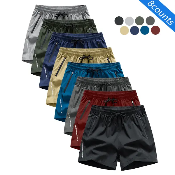 Men's Minimalist Casual Athleisure Shorts 8-Pack - Easy-Care Polyester Blend, Loose Fit, Drawstring Waist, Solid, Wrinkle-Free, Smooth Texture, 8 Shorts for Rotation, Suitable for Gym & Everyday Wear