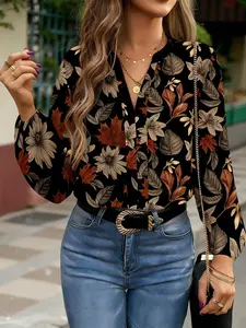 Women's Plus Size Floral Print Long Sleeve Shirt, Casual Loose-Fitting Top for Spring & Fall, Comfortable Full Body Boho Cottagecore Blouse