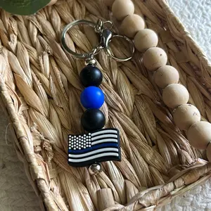 Blue Line Keychain with American Flag Design and Blue Black Beads
