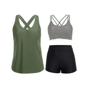 Women'S 3pcs Tankini Swimwear Set with Tummy Control, Includes Swim Top with Bra And Shorts for Teens