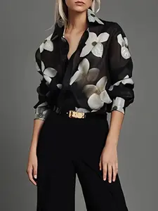 Women's Floral Print Collared Shirt, Casual Button Down, Casual Long Sleeve Top for Daily Wear, Ladies Clothes for All Seasons