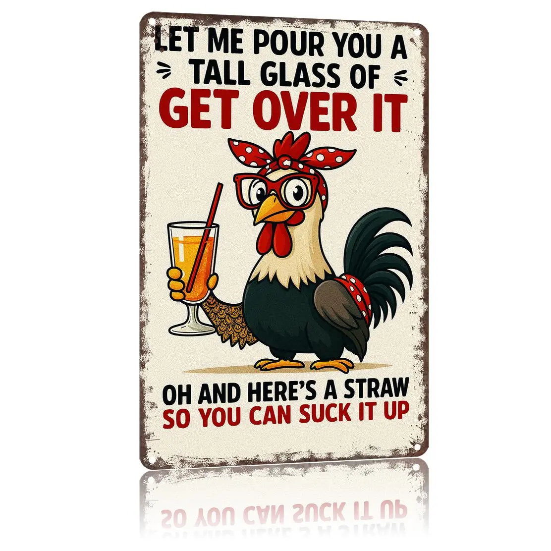"Get Over It" Rooster Sass Humor Aluminum Wall Art Plaque, 8x12 Retro Textured Fadeproof Slogan Sign with Glass Element, Home Supplies for Living Room Decor