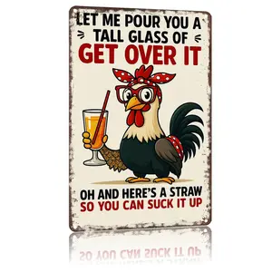 Get Over It Rooster Sassy Rooster Aluminum Sign 8 X 12 Inch Vintage Textured Wall Art Decor for Home Living Room Bedroom Dining Room Man Cave