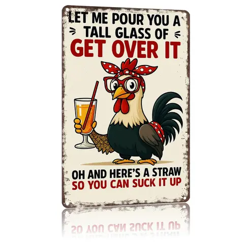 Sass Playful Rooster Humor Aluminum Wall Art Plaque - 8x12 Retro Textured Bold Metal Sign, Fadeproof Hanging Home Decor Gifts with Glass Element, Aesthetic Animal Character Home Supplies Plaque Signage for Living Room