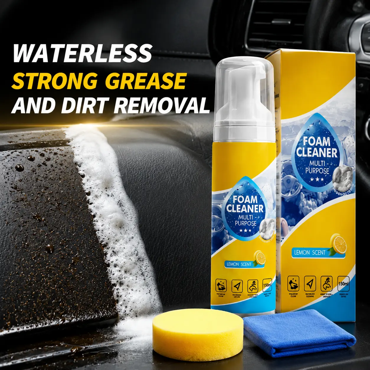 4-in-1 Multi-Purpose Car Foam Cleaner Set - 150ml Lemon Scented Car Cleaning Spray, Waterless Wash for Grease & Dirt, Easy Pump Action, Microfiber Cloth, Odor Neutralizing, Sofa & Seat Safe, Countertop Ready, Leather-Friendly Interior Detailer