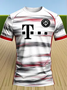 Men's Short Sleeve Football Shirt, Stripes, Round Badge Print, Casual Sporty Style, Fitted Long Tee, Athletic Activewear, Sport Top