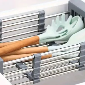Stainless Steel Adjustable Sink Organizer Expandable Dish Rack with No-Drainage Design Space-Saving Modern Kitchen Storage Adjustable Height & Expandable Width Durable Easy-Clean Surface Fits Sinks & Countertops
