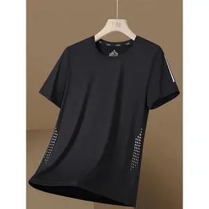 4pcs Men's Quick-Dry Breathable T-Shirts - Moisture-Wicking 89% Polyester/11% Elastane Blend, Sporty Casual Short Sleeve Tees with Details, Lightweight 180gsm for Hiking & Outdoor Activities (Black, Light Grey, White, Dark Blue), Camping T Shirts