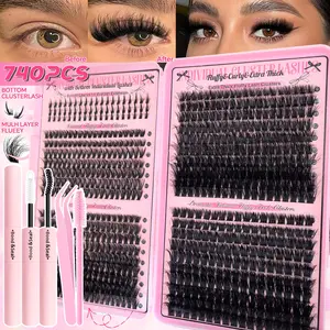 270/740pcs False Eyelash Extension Kit, Voluminous Cluster Lashes, Fluffy Lash Clusters, D-Curl, Length 8-16mm, Reusable, Beginner-Friendly, Soft Texture