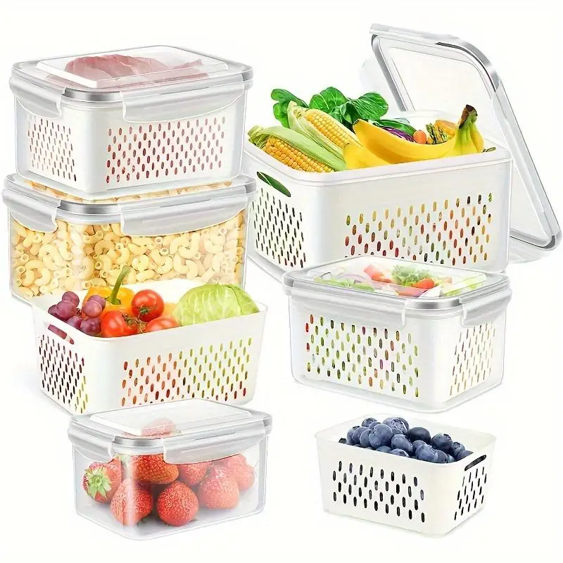 Food Storage Container Set, 3 Counts/set Including Drain Basket & Lid, Reusable Kitchen Organizer for Fruits, Vegetables, and Food, Utensils