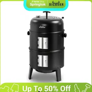 BIG HORN 16 Inch Charcoal Smoker, Heavy Duty 4 In 1 Fire Pit with Built-in Thermometer & Adjustable Vent System for Backyard Patio Camping
