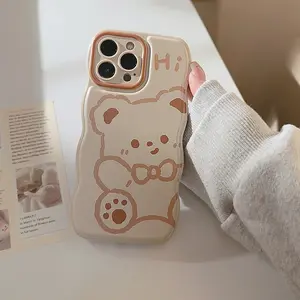 Girlish Style Bear Wavy Edge Silicone Phone Case for iPhone 15/14/13/12/11 Series - Protective, Shockproof Casing, Beige Smartphone Cover, Cellphone Screen Protector, Phone Accessories for Multiple iPhones and Devices