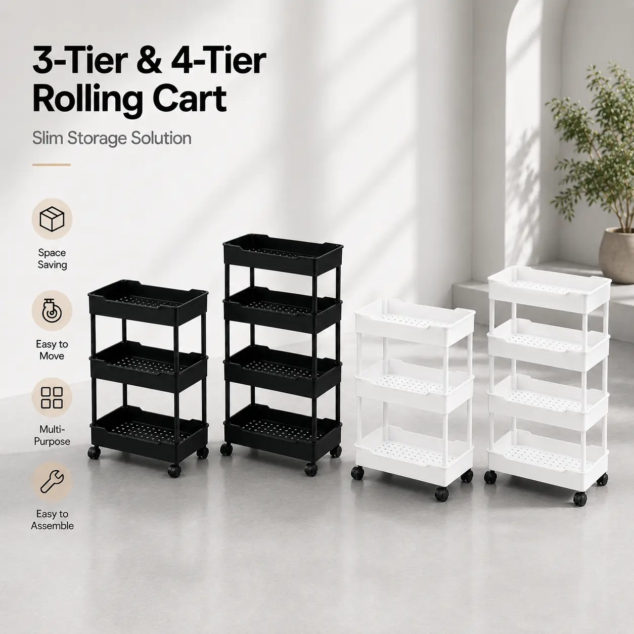 3-Tier & 4-Tier Rolling Storage Cart with Wheels