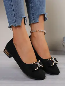 Women's White Fabric Pointed-Toe Low-Block Heel Flats Rhinestone Bow Decor Casual Shoes Daily Commute Footwear Comfortable Walking Shoes Elegant Office Shoes Dress Flats Slip-On Party Shoes