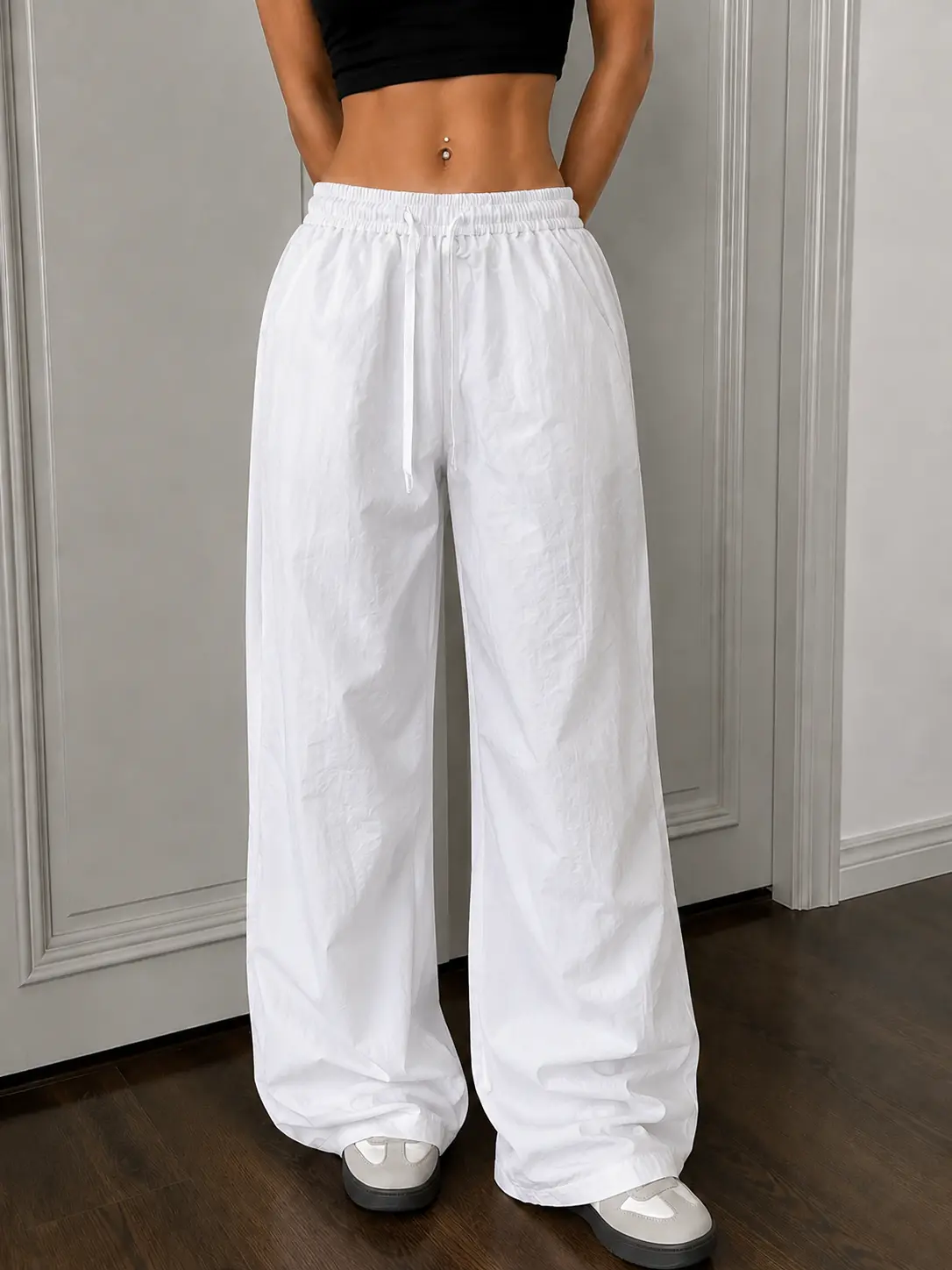Women’s lightweight quick-dry wide-leg parachute casual pants — high-waisted with drawstring, drapey loose fit, straight wide legs for outdoor wear; available in 4 colors, single piece.