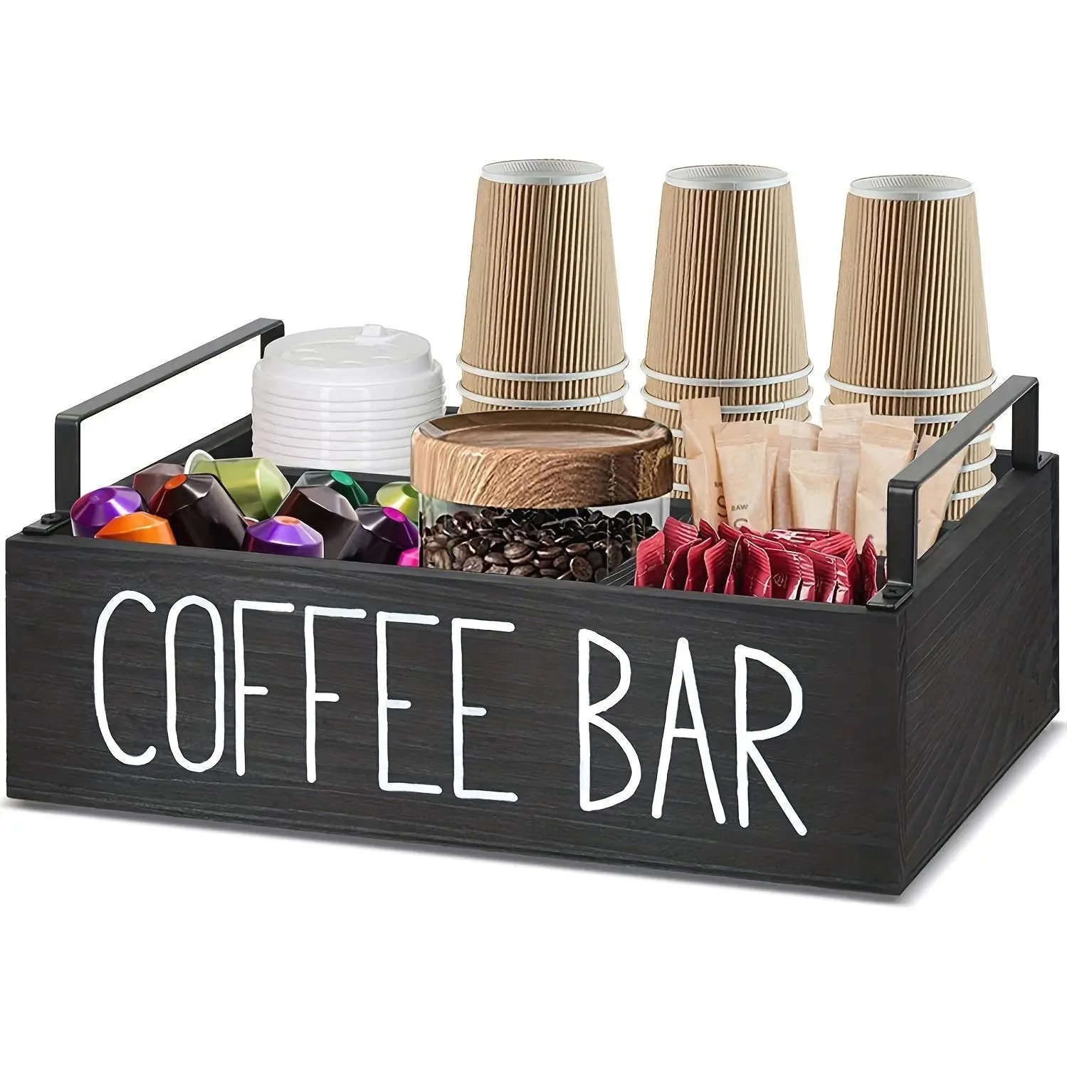 Wooden Coffee Bar Organizer in a Rustic Farmhouse Style - a Waterproof Rectangular Storage Solution for Pods, Sugar, And More. Features a Stylish 'COFFEE BAR' Design for an Impeccably Organized Coffee Station