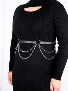 Women's Plus Size Belt Chain Leather Waistband, Decorative Belt, Gothic Style Buckle Dark Rivet Fringe Belt Adjustable Waist Belt for Daily Commute Music Festivals Halloween Party Pu Buckle Belt