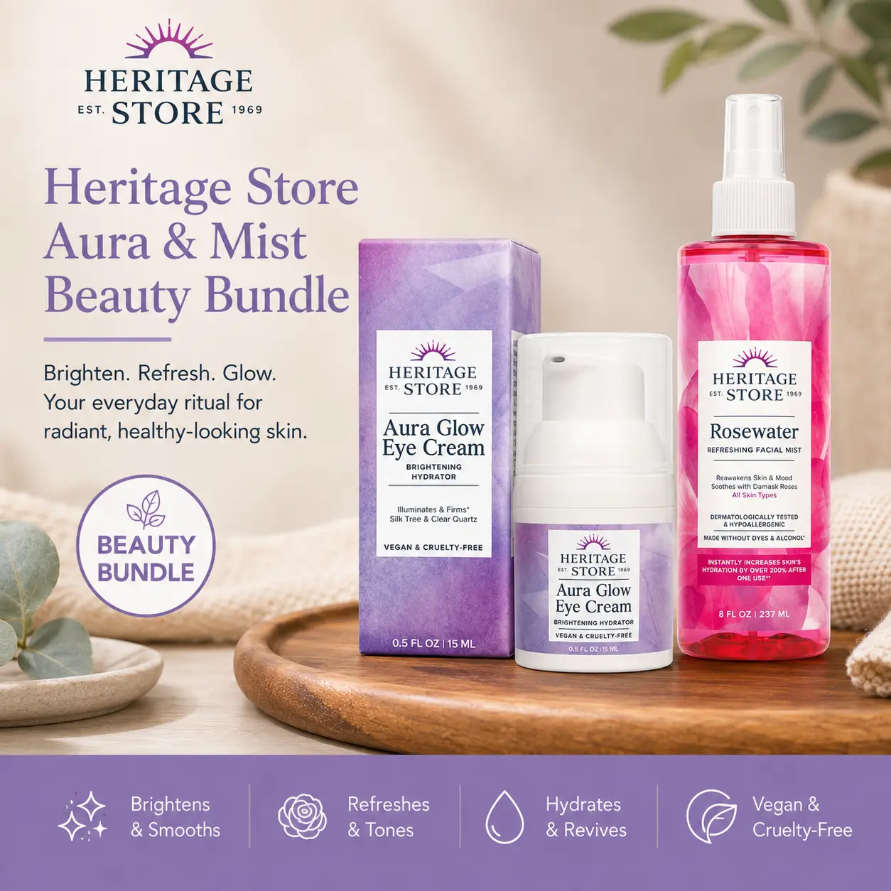 Heritage Store Aura & Mist Skincare Beauty Bundle - Gentle Glycerin-Infused Smoothing Aura Glow Eye Cream, Lightweight Daily Radiant Rosewater Facial Mist for Hydrating, Nourishing, Moisture-Boosting Skin Repair