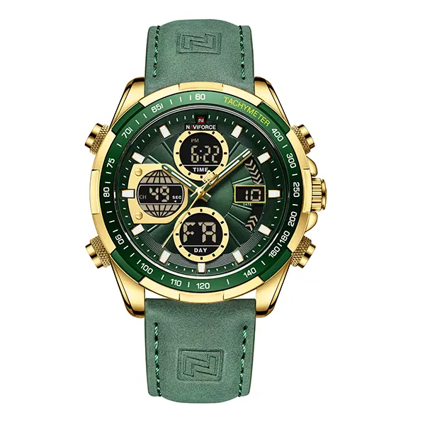 Naviforce Men's Military Pig Skin Leather Wristwatch - 46mm Waterproof Dual Display Chronograph Quartz Watch with Date, 30M - 50M Water Resistance for Outdoor Activities