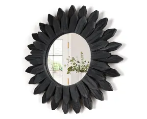 12" Black Boho Wall Mirror – Wood Decorative Mirror for Bedroom