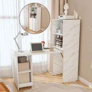 Stretchable desk, office desk with storage shelves and mobile wheels, foldable desk suitable for small apartments and offices, white marble