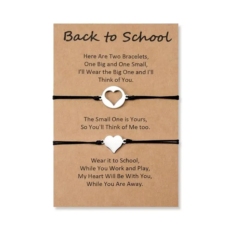Back to School Mommy & Me Heart Bracelet Set | 2Pcs Adjustable Wish Bracelet with Gift Card | Ease Kid Separation Anxiety First Day of School Gift