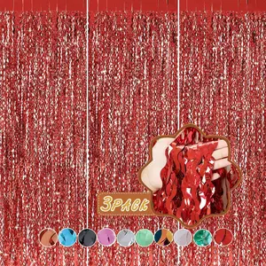 3 Pack Red Aluminium Foil Curtains, 3.3ft x 6.6ft, Wavy Shape, for Party Decorations & Photo Background
