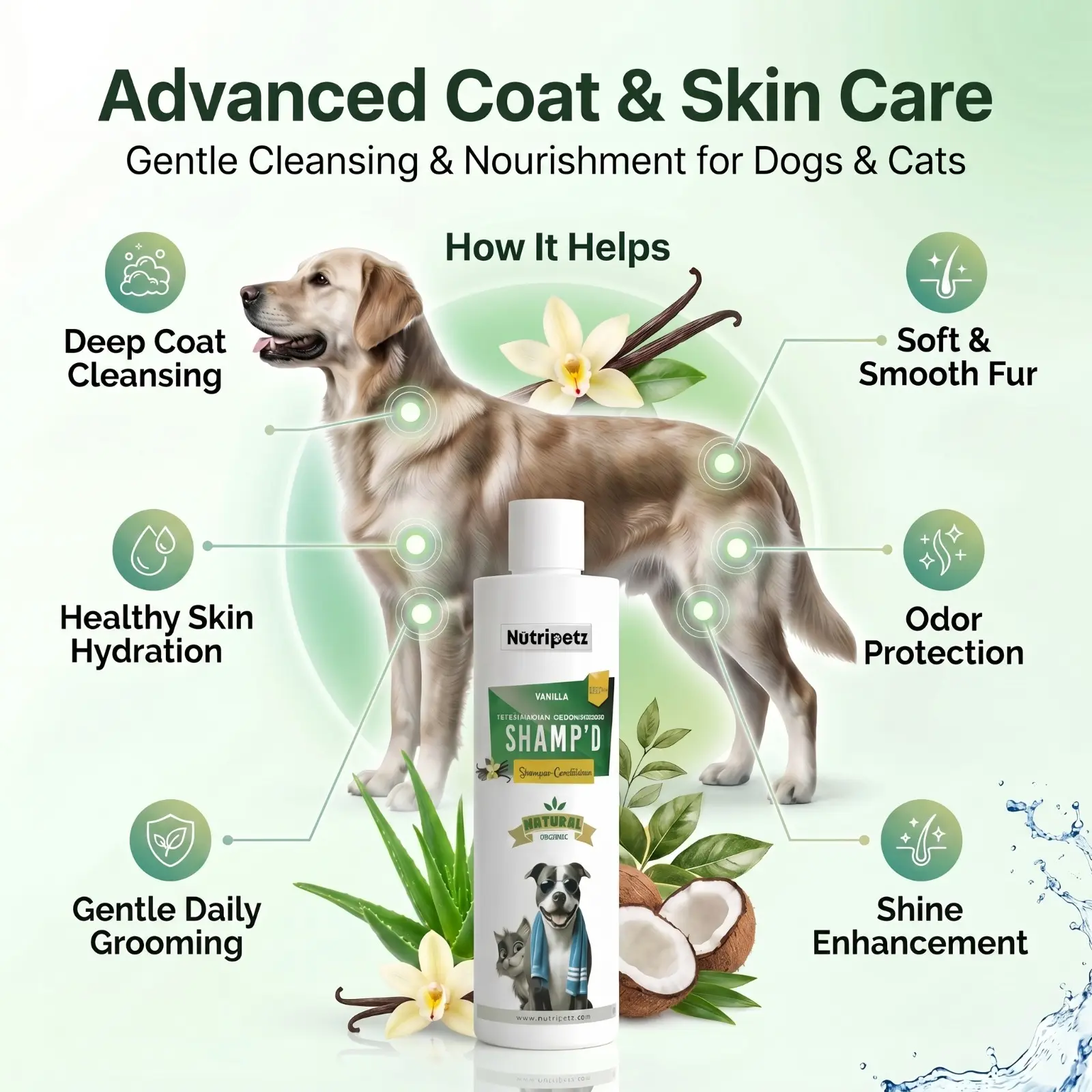 2-in-1 Shampoo + Conditioner for Puppies & Kittens, Natural & Organic Ingredients Liquid Grooming Wash with Aloe Vera, Deep Cleansing, Anti-Itch for Sensitive & Dry Skin, 500ML