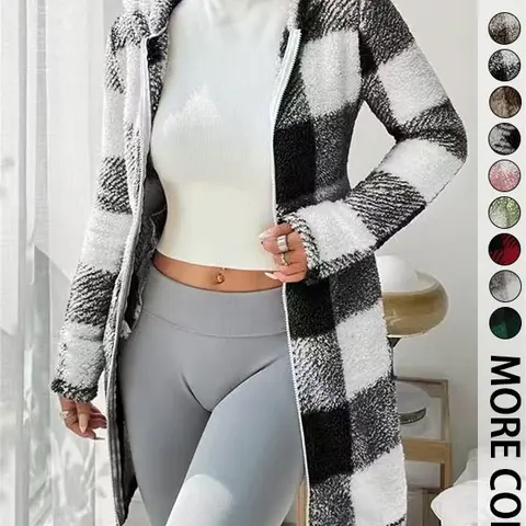 Clean Gent women’s plaid fleece hooded slim-fit jacket, stylish casual design, soft and fluffy fleece fabric, full zip closure and hood design, mid-length silhouette, available in multiple colors, Valentine’s Day edition, autumn/winter outerwear
