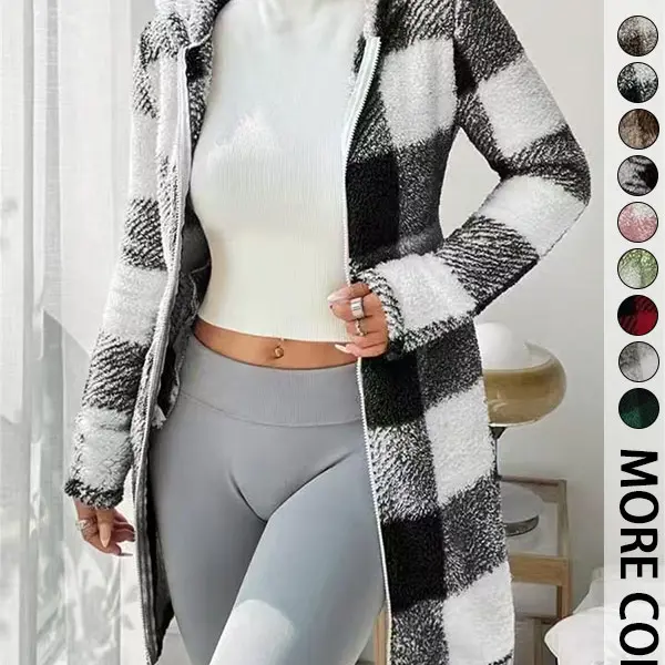Clean Gent women’s plaid fleece hooded slim-fit jacket, stylish casual design, soft and fluffy fleece fabric, full zip closure and hood design, mid-length silhouette, available in multiple colors, Valentine’s Day edition, autumn/winter outerwear