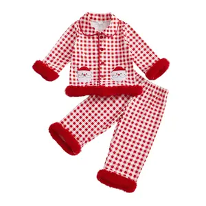 Toddler Baby Girl Christmas Gingham Silk Pajamas Set Santa Claus Feather Trim Plaid Shirt Tops Long Pants Satin Pj Sets