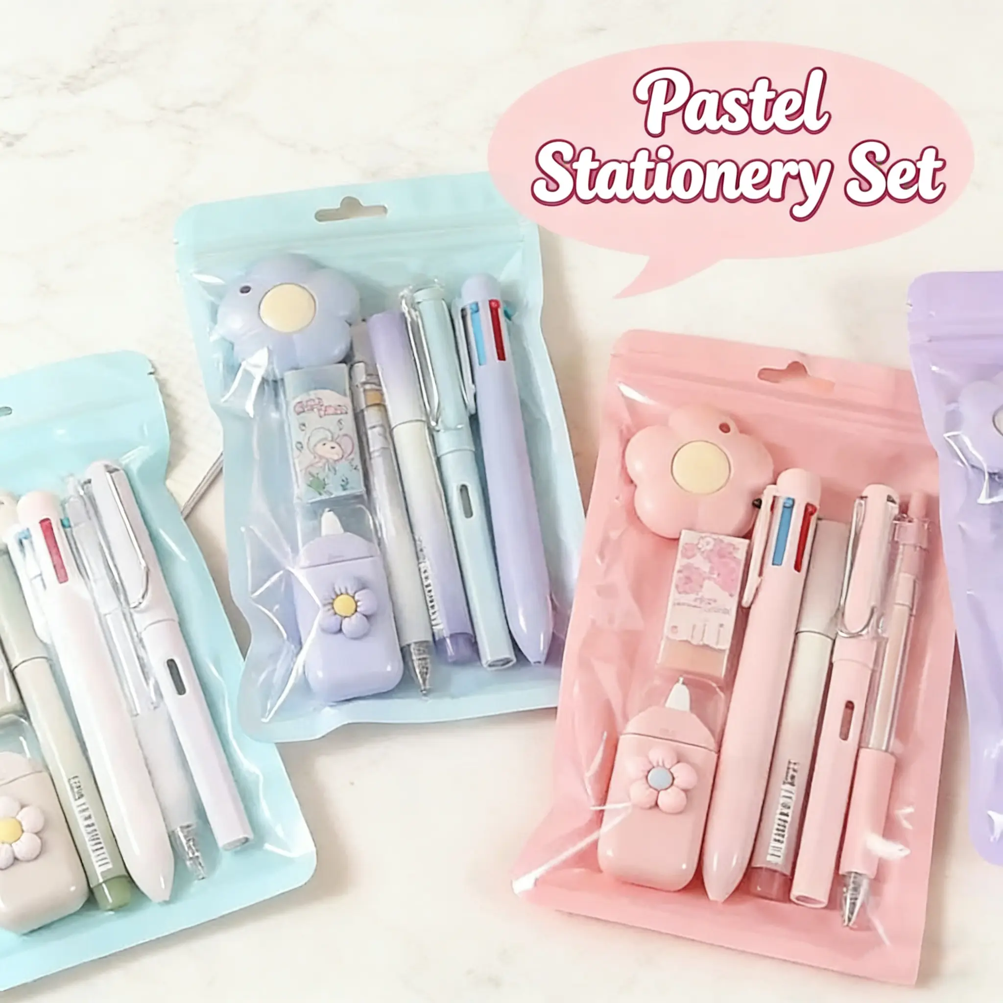 Kawaii 7-Piece Office & School Stationery Set for Students, Including Ballpoint Pens, Pencil Sharpener, Highlighter, Correction Tape, Ruler, Utility Cutter