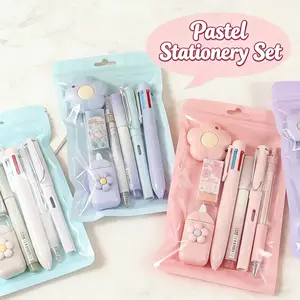 Kawaii 7-Piece Office & School Stationery Set for Students, Including Ballpoint Pens, Pencil Sharpener, Highlighter, Correction Tape, Ruler, Utility Cutter