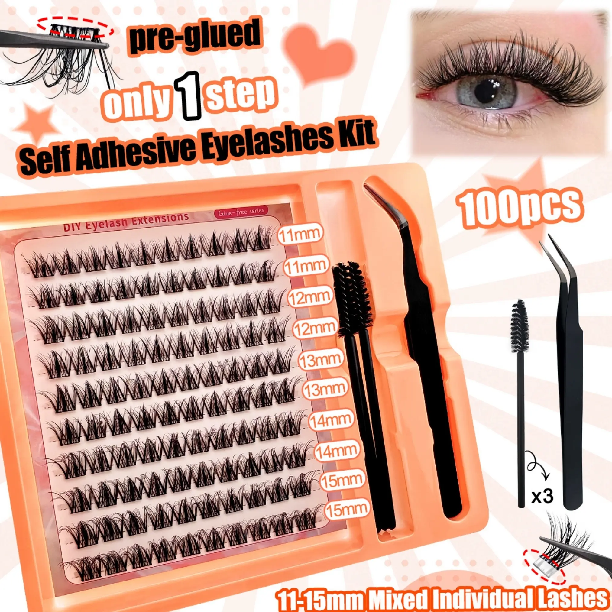 Self Adhesive Eyelash Clusters Set of 100, Glueless Lashes Clusters, Individual Eyelashes, Individual Lash Extensions, DIY Natural Lash Extensions, D Curl Mixed Lengths (11-15mm), No Glue Needed