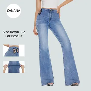 CANANA Butterfly Lace Embroidery High Rise Flared Jeans for Women Stretchy Minimalist Denim Mid Blue Wash Plus Size Regular Size Spring Fashion Daily Outfits SH25F04