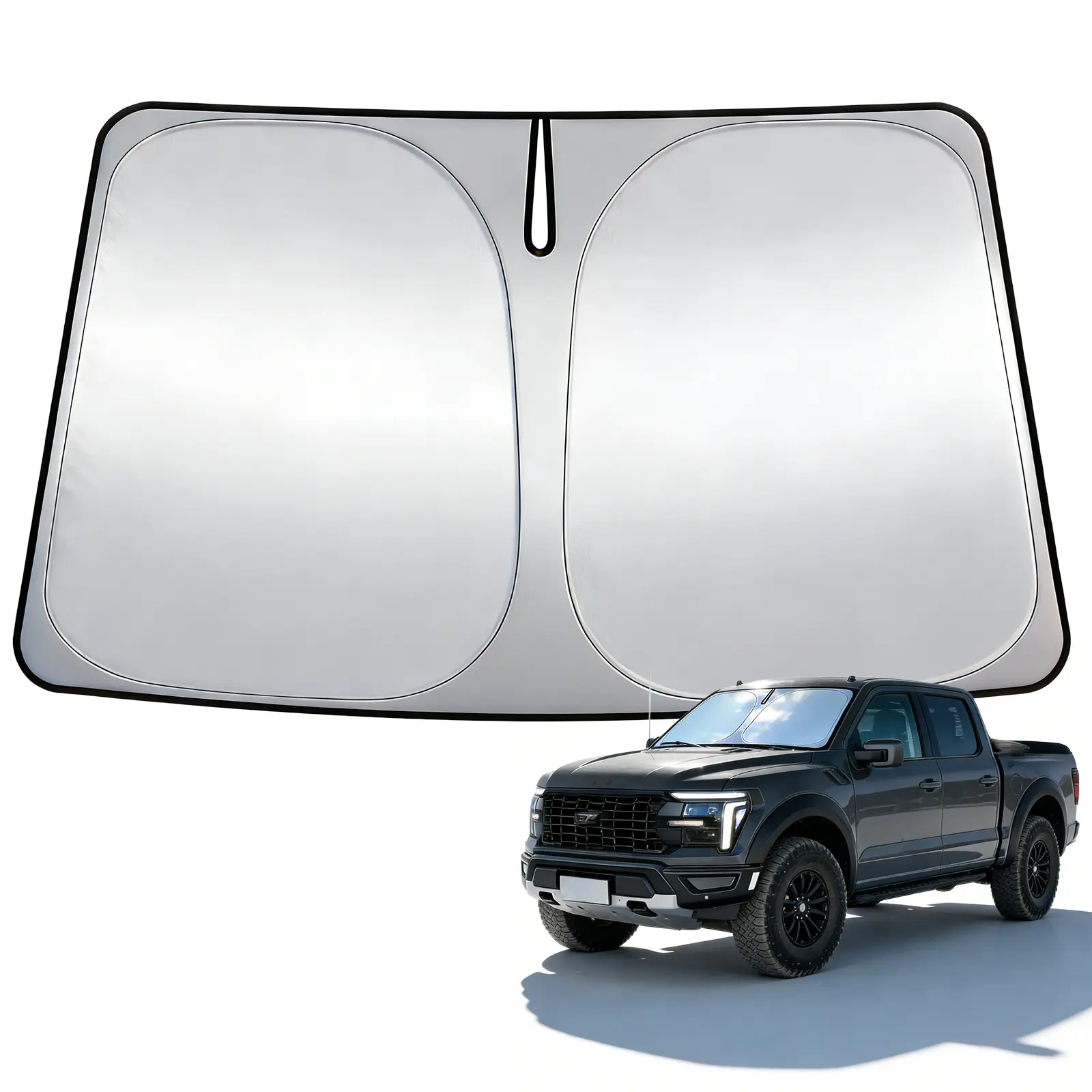 Front Windshield Sun Shade for 2021-Present Ford F-150, Silver-Coated Double-Layer Car Exterior Accessory, Foldable, UV-Blocking, Heat-Insulating