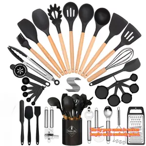 Complete 43-Piece Silicone Cooking Tool Set with Wooden Handles, Heat Resistant & Dishwasher Safe, Kitchen Utensils Set, Includes Spatula, Tweezers, Spoon, Fork