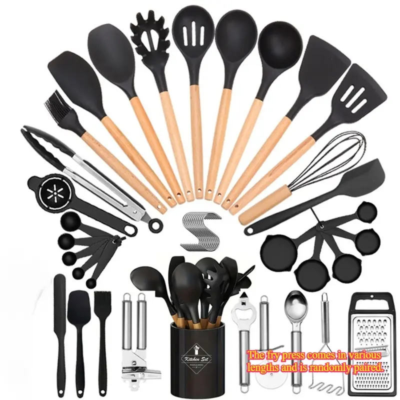 Complete 43-Piece Silicone Cooking Tool Set with Wooden Handles, Heat Resistant & Dishwasher Safe, Kitchen Utensils Set, Home Kitchen Use, Includes Spatula, Tweezers, Spoon, Fork